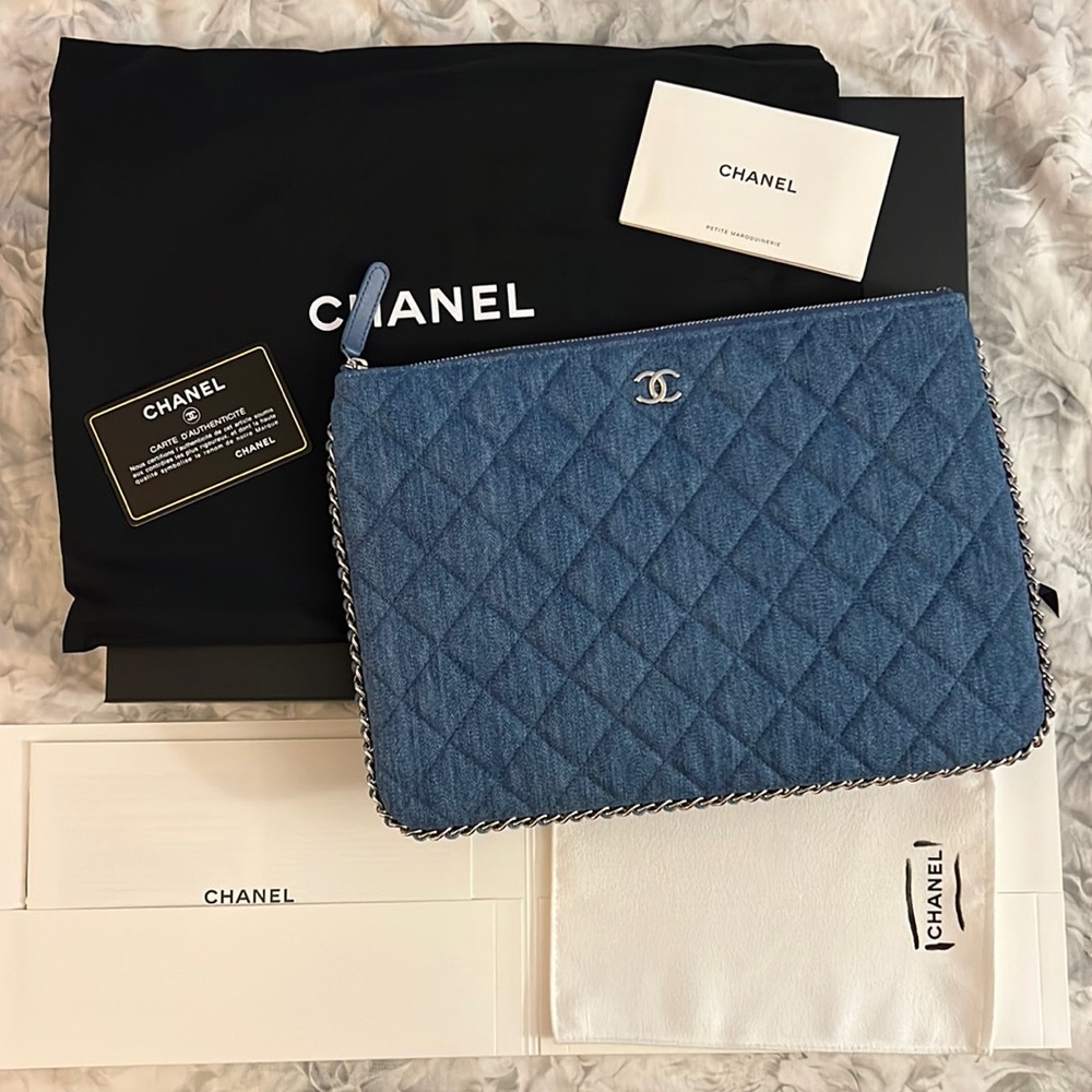 BRAND NEW Authentic Chanel Denim O Case Pouch Clutch Medium